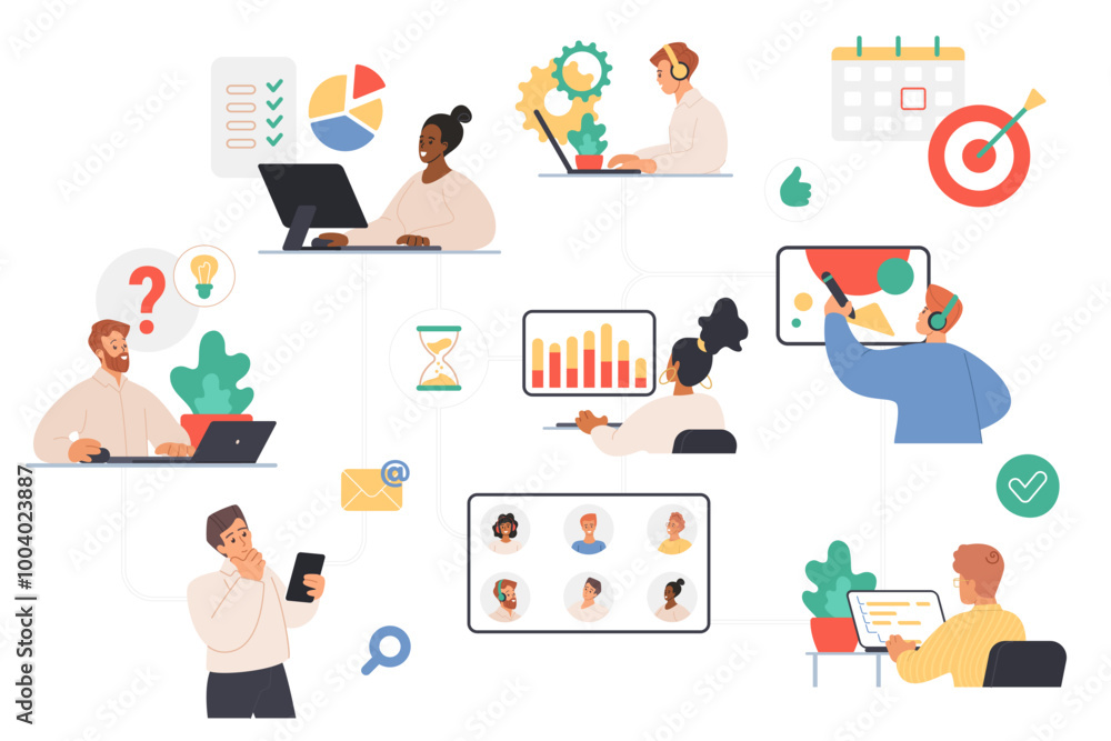 Poster project and team management, office workflow organization system in corporate company. tiny people c