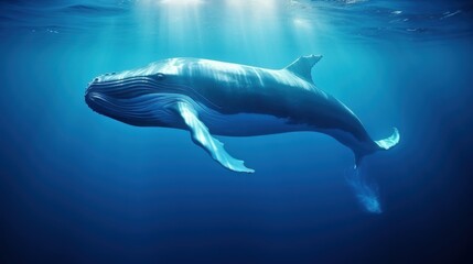 Obraz premium A magnificent whale swims gracefully among floating ice blocks in the clear blue ocean, exuding peaceful elegance.