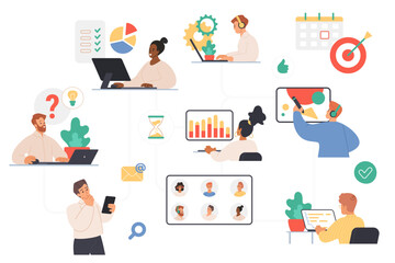 Project and team management, office workflow organization system in corporate company. Tiny people communicate and work with laptop and tablet, presentation charts cartoon vector illustration