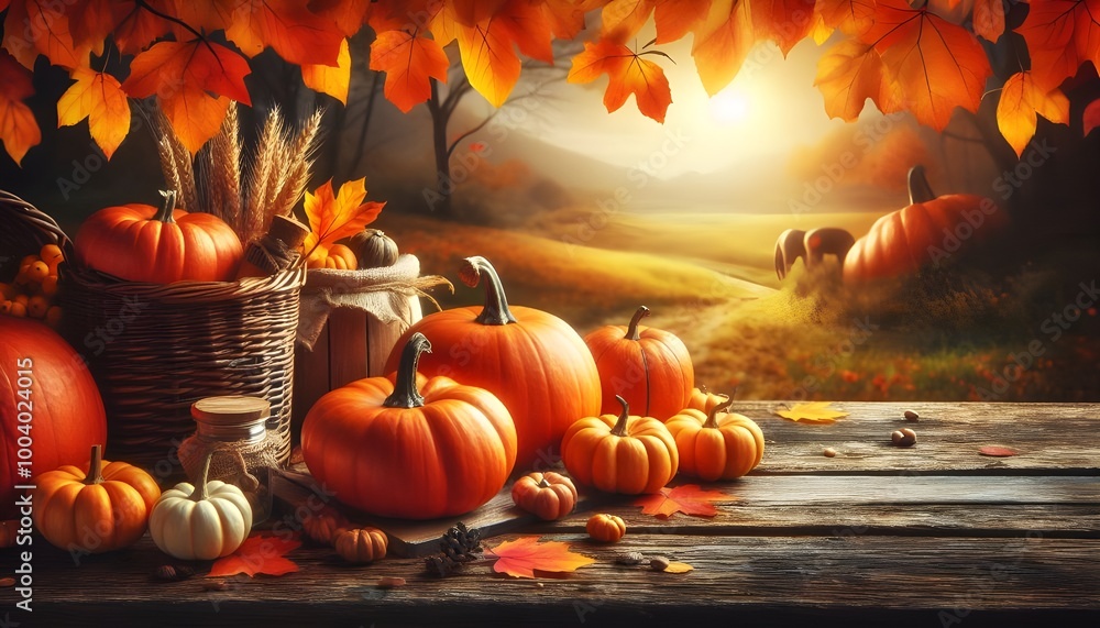 Fototapete autumn background with pumpkins on a wooden table and copy space for product display presentation, h