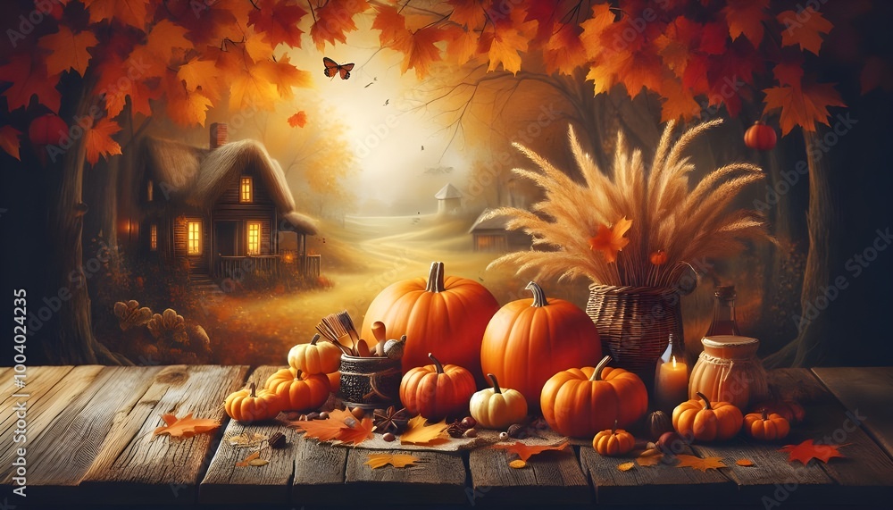 Fototapete autumn background with pumpkins on a wooden table and copy space for product display presentation, h