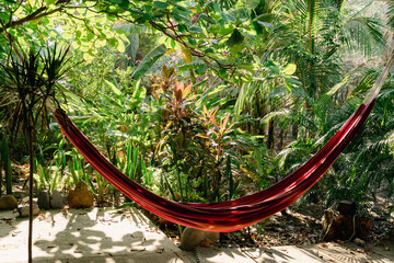 Inviting hammock in a lush tropical garden setting