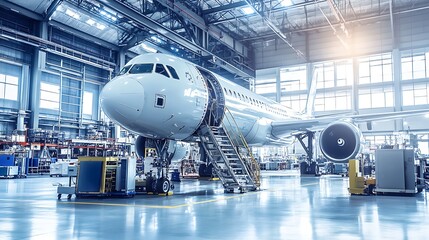 Fototapeta premium A modern aerospace manufacturing plant producing cutting-edge aircraft components with robotics. 