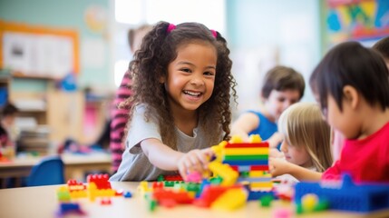 Smiling children enthusiastically build colorful structures with blocks in a lively classroom, exuding joy and creativity.