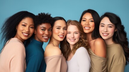 Obraz premium A group of six young women of diverse backgrounds stand close together, smiling warmly against a light blue background.