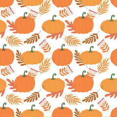 Beautiful vector seamless pattern with orange pumpkin and autumn falling leaves and berries on white background. Hand drawn vector flat colored illustration. Harvest, thanksgiving day design