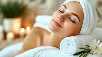A woman enjoying a relaxing spa treatment in a beauty salon, lying down with a towel and receiving skincare therapy