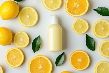 Minimalist mockup of a citrus body care set with lemons and orange slices on a white background