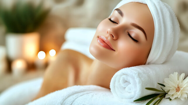 A woman enjoying a relaxing spa treatment in a beauty salon, lying down with a towel and receiving skincare therapy