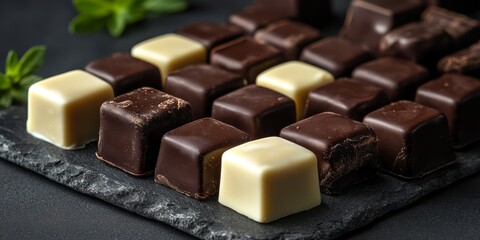 Dominostein: Chocolate Confectionery filled with layered Lebkuchen, Gingerbread, apricot jelly, marzipan or persipan. Traditional German, Austrian Christmas chocolates, Milk, dark, white chocolate.