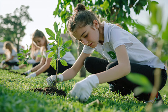 young environmental activists planting trees in urban park, green initiative concept