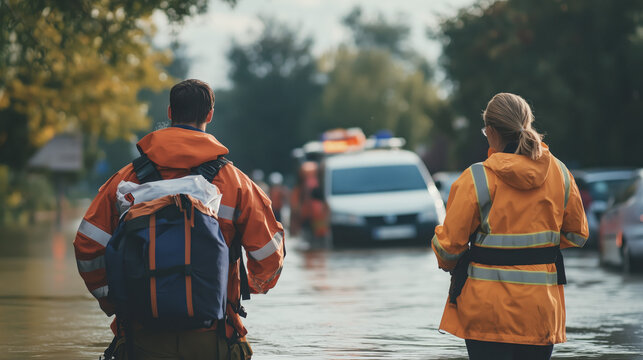 Humanitarian workers, aid crew, doctors and medical teams volunteering during flooding diaster. Showing team effort in flood management in orange safety suits walk through floodwaters in a city street