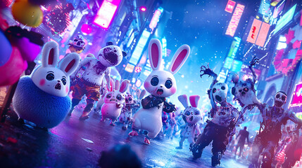 Obraz premium nightmarish illustration blending cute animals with horrific undead elements, set against vibrant retro-futuristic backdrop