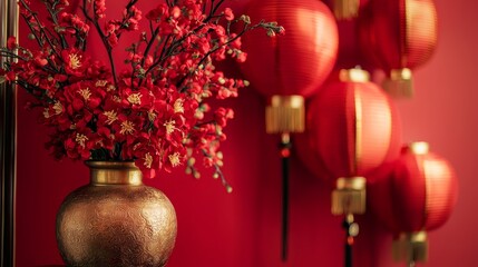 Festive red lanterns with gold motifs against a blurred festive background, symbolizing luck and celebration.