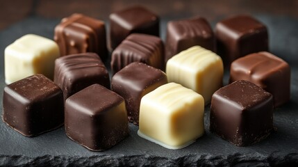 Dominostein: Chocolate Confectionery filled with layered Lebkuchen, Gingerbread, apricot jelly, marzipan or persipan. Traditional German, Austrian Christmas chocolates, Milk, dark, white chocolate.