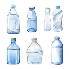 Naklejka premium Watercolor Illustration of Six Different Water Bottles.