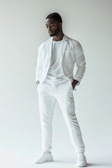Fototapeta premium Confident man in modern white suit posing with relaxed demeanor against a neutral background