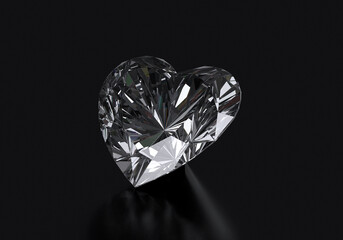 Heart shaped diamond on black background with reflection