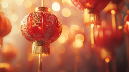 Obraz premium Elegant red Chinese lanterns with golden patterns floating in a dreamy, glowing backdrop.