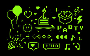 Happy Birthday pixel icon set. Party event decoration green element, pixel art style. Celebration design, playful collage sticker, poster. Vector illustration. Y2k vintage icons. Game abstract pattern