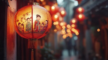 Fototapeta premium Glowing red Chinese lanterns in a narrow alley at dusk, creating a warm festive atmosphere.