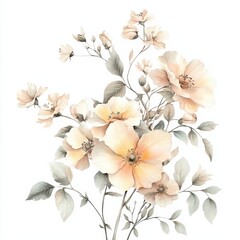 A delicate arrangement of soft-colored flowers with leaves on a white background.
