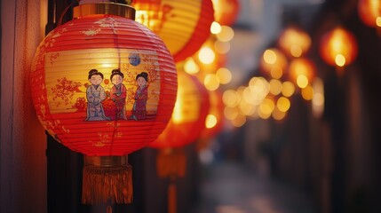 Glowing red Chinese lanterns in a narrow alley at dusk, creating a warm festive atmosphere.