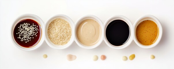 Top view of assorted dipping sauces, sesame, soy, and ponzu sauces, realistic detail, isolated on white background