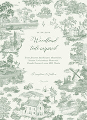 Invitation. Woodland. Toile inspired. Vector vintage illustration. Green and white.