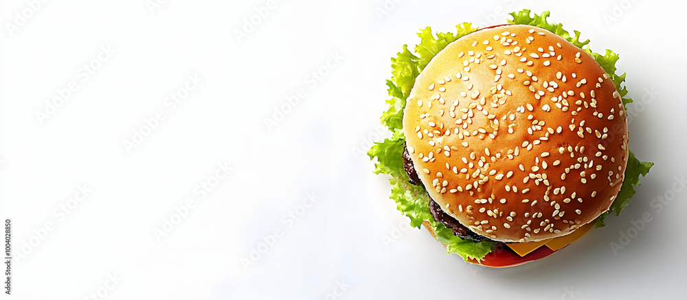 Wall mural top down perspective photograph of a hamburger bun on a white backdrop with available space for addi