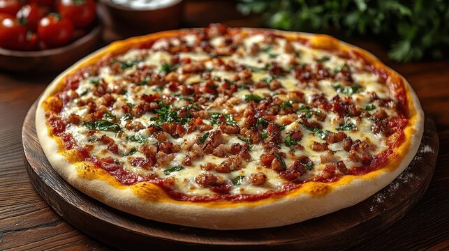a delicious pizza topped with glistening cheese and fresh toppings angled to showcase its mouthwatering appeal against a rustic wooden table background