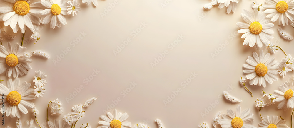Poster circular frame of chamomile daisies on a light beige background with room for text or images ideal f