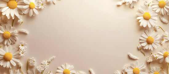 Obraz premium Circular frame of chamomile daisies on a light beige background with room for text or images ideal for creating a summer themed design. Creative banner. Copyspace image