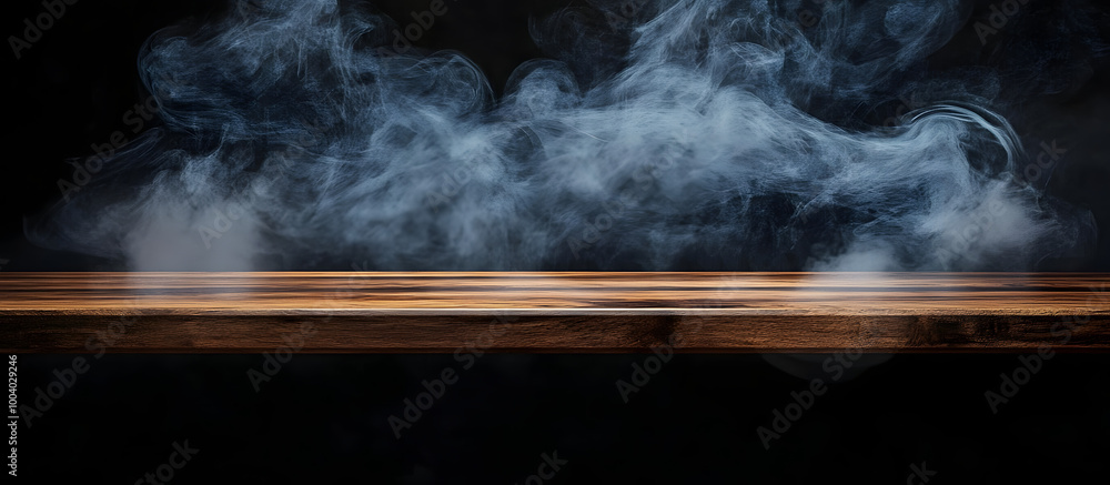 Poster a dark background enhances the visual appeal of an empty wooden table with smoke rising creating an 