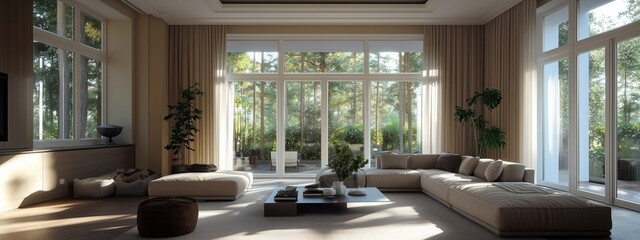 A modern living room featuring  large windows, and elegant furniture, creating a luxurious and spacious atmosphere