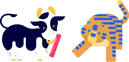 干支の丑年から寅年にバトンタッチをする様子のイラスト