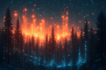Fototapeta premium illustration featuring digital abstract technology with space for titles, layered over a forest background. Ideal for tech design concepts. 