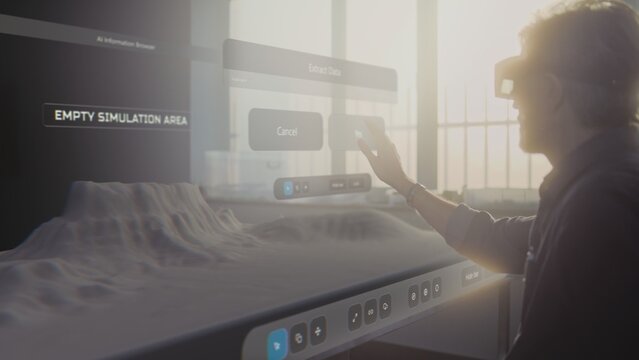 Advanced archaeological lab: 3D graphics simulation of the Earth's evolution process with volcanoes, dinosaurs and Ice Age. Scientist in VR headset conducts historical research using augmented reality