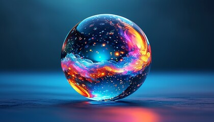 3D Abstract rotating crystalline orb emitting colorful light on a flat midnight blue surface. Made with generative AI technology