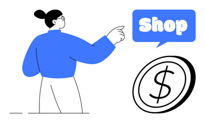 A person points towards a speech bubble with the word Shop and a dollar symbol. Ideal for online shopping, e-commerce, retail, digital marketing, and sales promotion. Simple, modern style