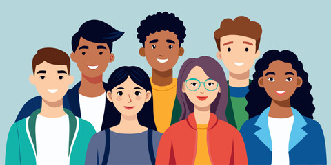 Company of modern happy teenagers friends. A group of school or college students. Portrait of young people, guys and girls
