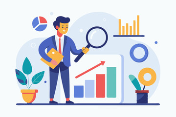 Data analysis chart and report, financial research or analyze information for marketing insight, analytics or optimization diagram, smart information, businessman analyze data with magnifying glass.
