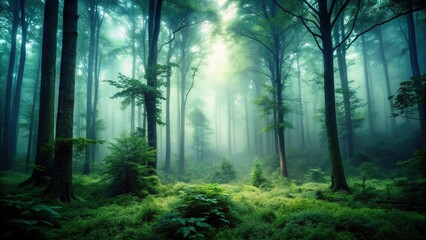 Obraz premium Wide-angle dark forest with deep mist and greenery and faint sunlight in the background