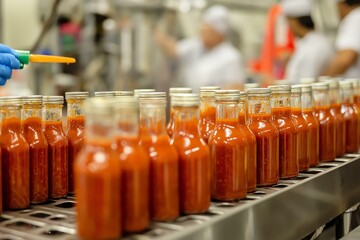 Bottles of tomato sauce in a production line, showcasing the process of food manufacturing and quality control.