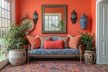 Maximalist living room with a cozy couch, plants, and vibrant wall art