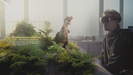 Advanced archaeological lab: 3D graphics simulation of the Earth's evolution process with volcanoes, dinosaurs and Ice Age. Scientist in VR headset conducts historical research using augmented reality