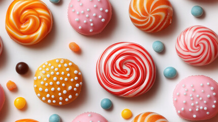 Fototapeta premium Seamless pattern of 3d colorful pink lollipops, caramels, sweets, dessert, food, trick or treat, candy, sugar, background, wallpaper, place for text, design