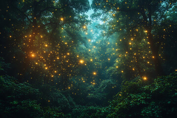 Naklejka premium illustration featuring digital abstract technology with space for titles, layered over a forest background. Ideal for tech design concepts. 