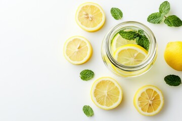 Minimalist view of a refreshing lemon mint infusion in a jar with fresh lemon slices