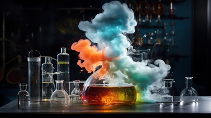 A close-up of a lab setup shows vivid, colorful steam rising dramatically from a potion, emphasizing the mysterious and experimental atmosphere.